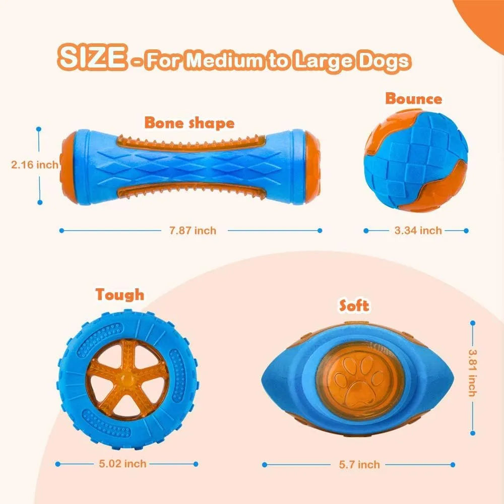 Set of four floating TPR dog toys: a ball, a barbell, and two tires with bumpy textures.
