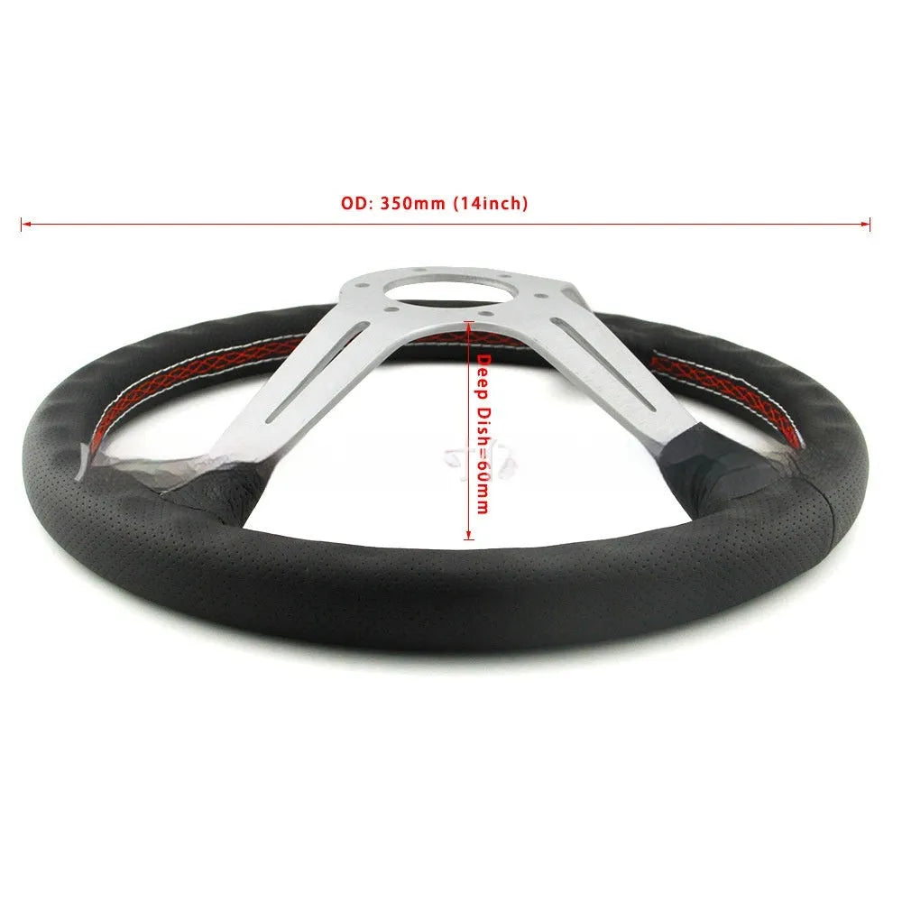 14-inch leather steering wheel with a concave rim and black metal skeleton spokes.
