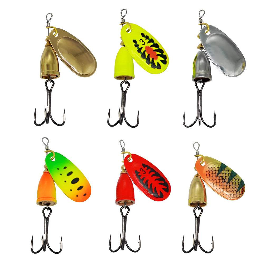 R Composite Rotating Sequins Copper Bell metal fishing lure in multiple colour options on a blue background.
