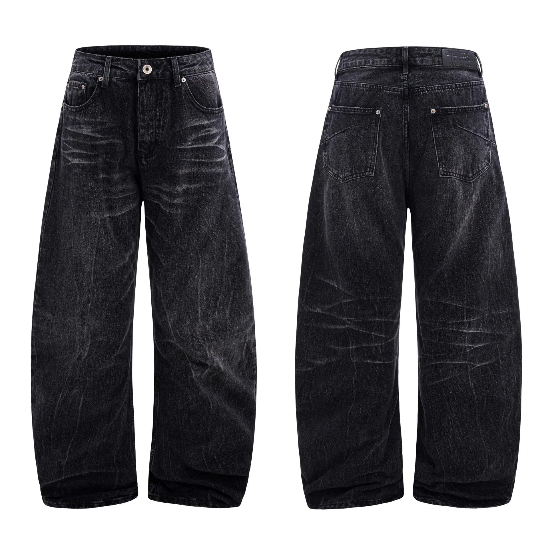 Black men's straight-leg jeans showing a cracked, washed denim finish on a plain background.