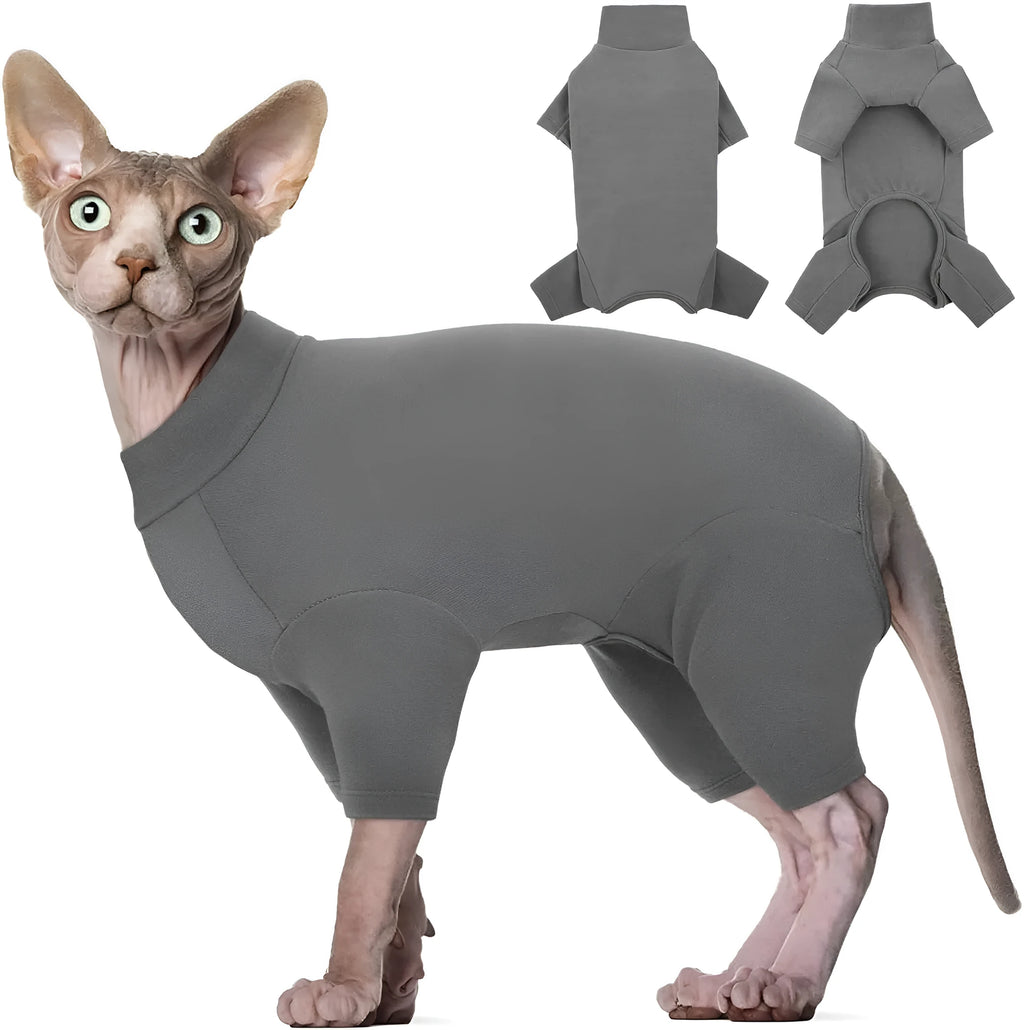 Grey turtleneck sweater for a hairless Sphynx cat with leg openings and a pullover design.