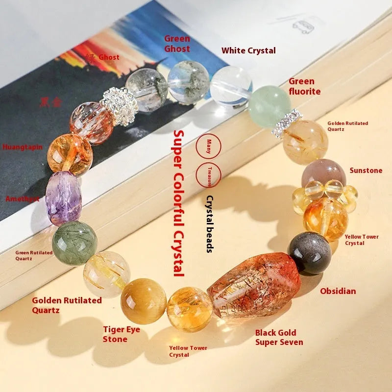Natural crystal beaded bracelet with Duobao crystal beads in black gold Super Seven and natural colour variations