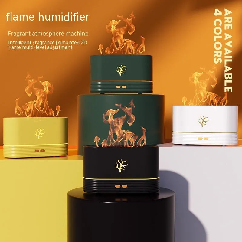Square flame humidifier with LED fire effect showing mist output