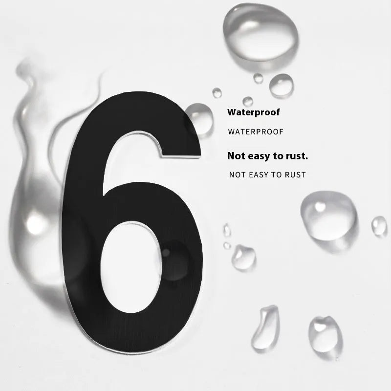 Black stainless steel sticky house number sign with 7.5cm waterproof numbers and letters for door