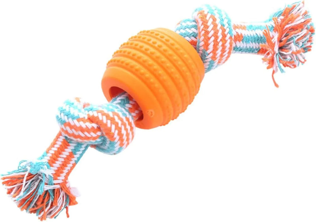 Blue dog chew toy with integrated rope strands for dental cleaning and play.