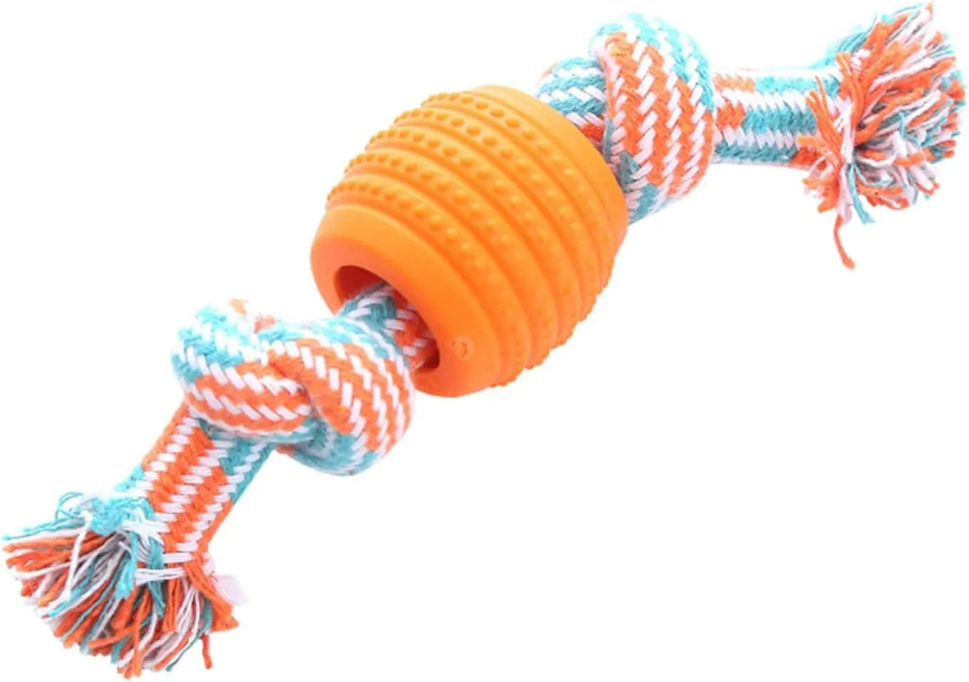Blue dog chew toy with integrated rope strands for dental cleaning and play.