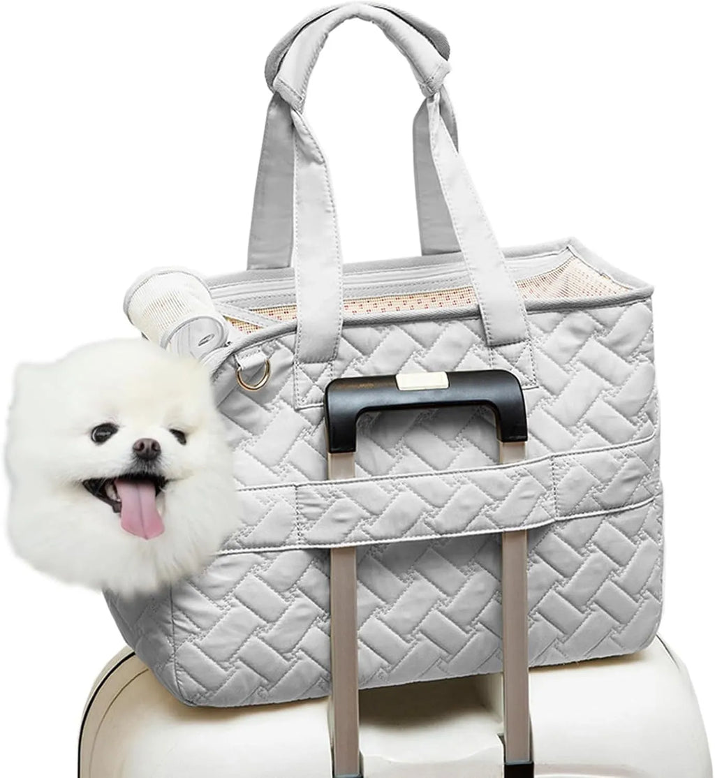 Grey and white pet carrier handbag with mesh panels and multiple pockets for cat or small dog transport