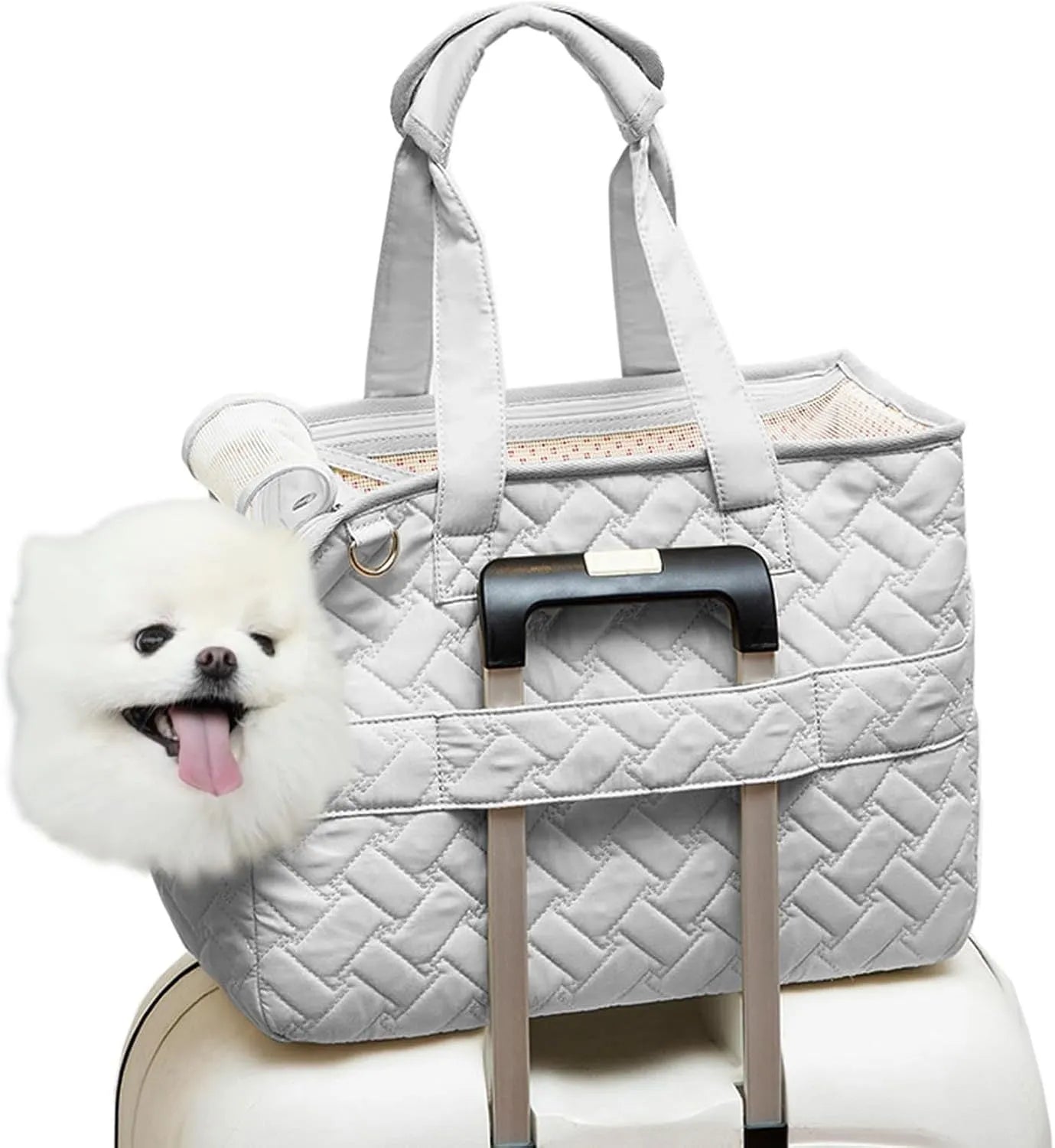 Grey and white pet carrier handbag with mesh panels and multiple pockets for cat or small dog transport