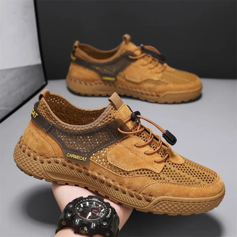 Men's brown suede tennis shoes with elastic band and rubber sole
