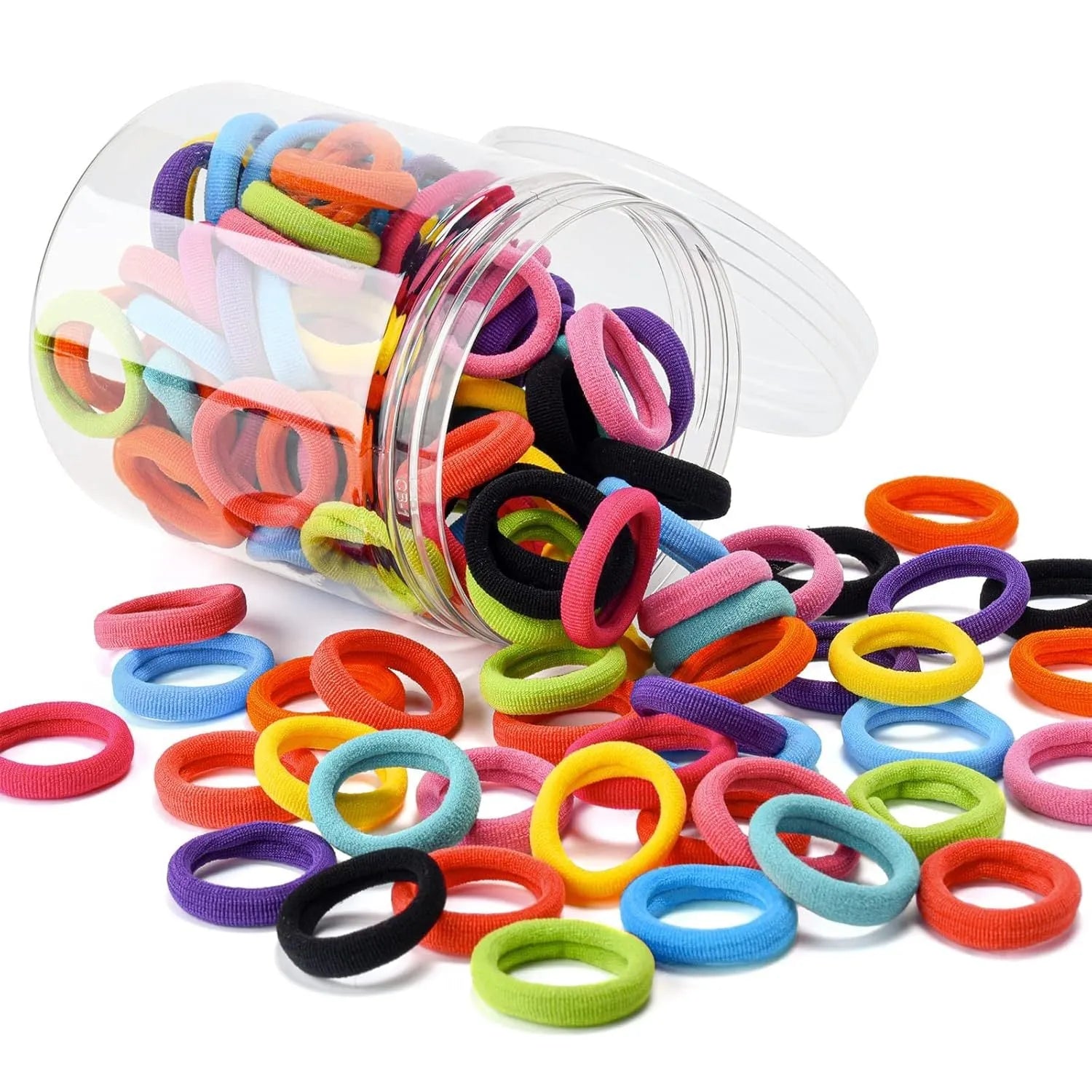 100 seamless cotton baby hair ties in multicolours showing 0.85-inch size and small jar packaging