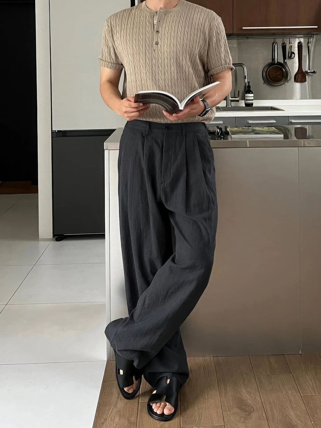 Army Green men's Japanese style leisure trousers with drawstring waist