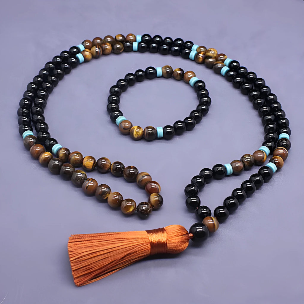 Black agate tiger pendant necklace with matching agate bracelet geometric jewellery set