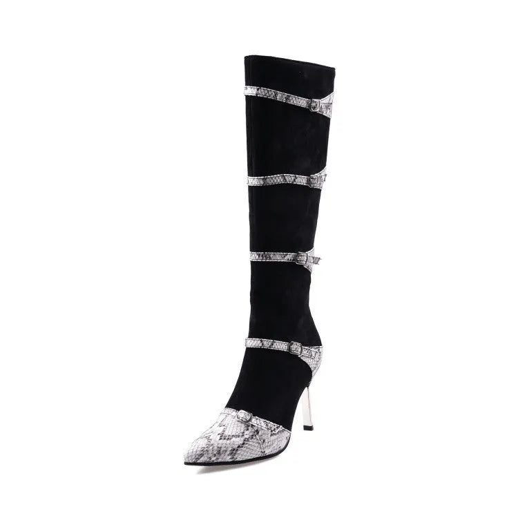 Women's grey knee-high high-heel boots with a 9cm heel and velvet lining on a white background.