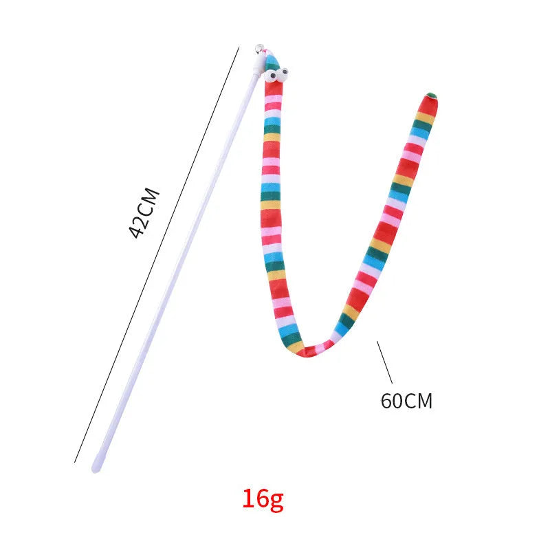 Cat wand toy with colourful plush strip attached to polycarbonate pole