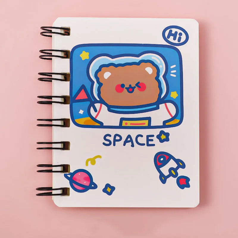 Astronaut flipped portable pocket flipper notebook showing space-themed cover designs at 10.5cm by 8cm