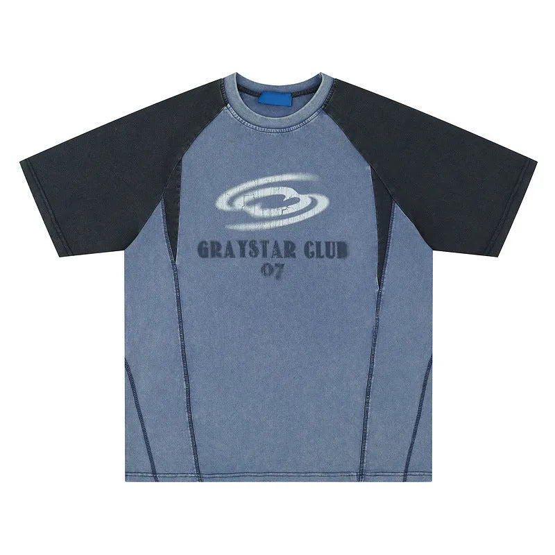 Men's blue hip hop letter print t-shirt with raglan sleeves and loose fit casual styling