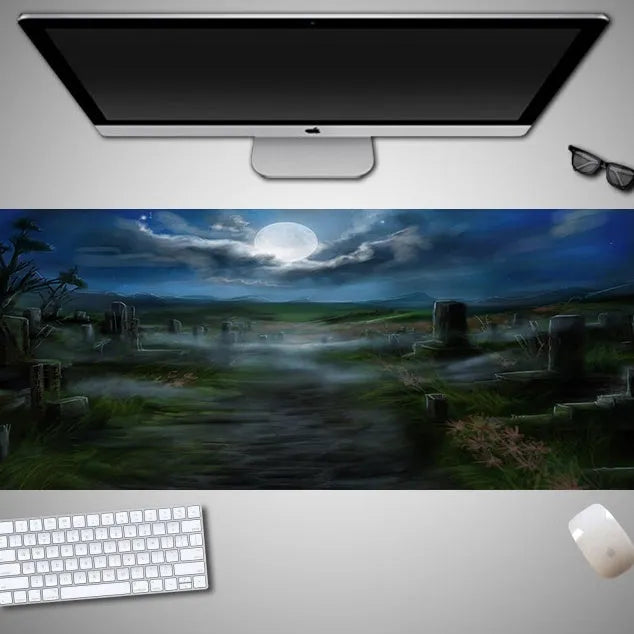 Oversized Halloween-themed mouse pad with non-slip rubber base on a desk.