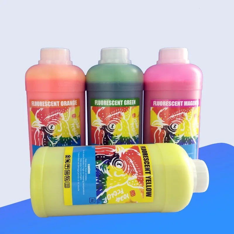 Bottle of fluorescent red pigment ink for PET film sublimation and screen printing.