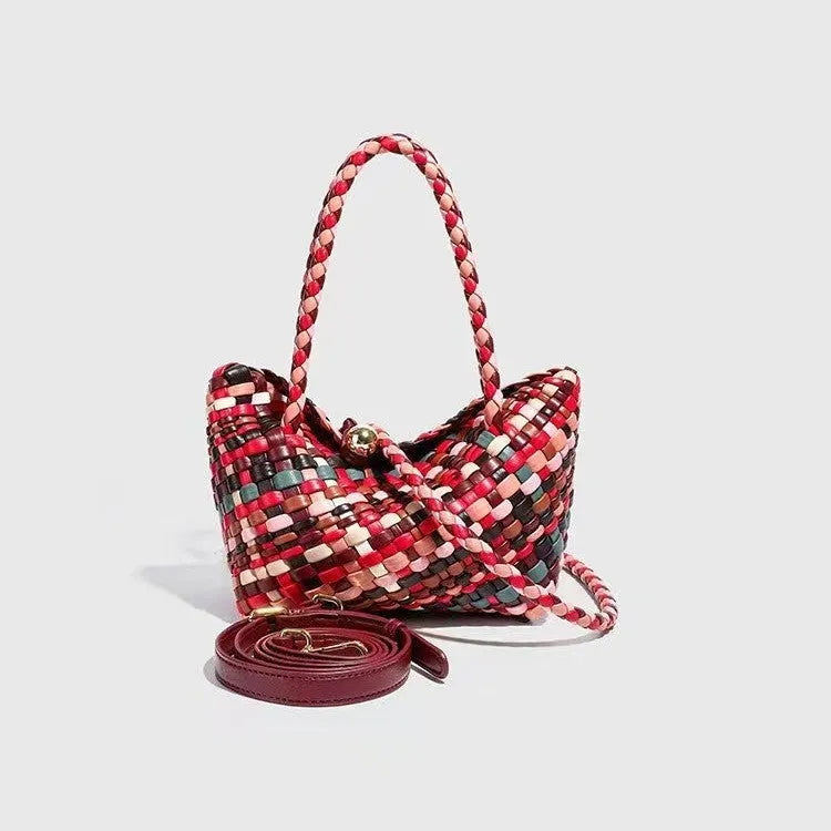 Women's woven shoulder bag in PU material with textured pattern, showing 18cm length by 11cm width by 14cm height dimensions.