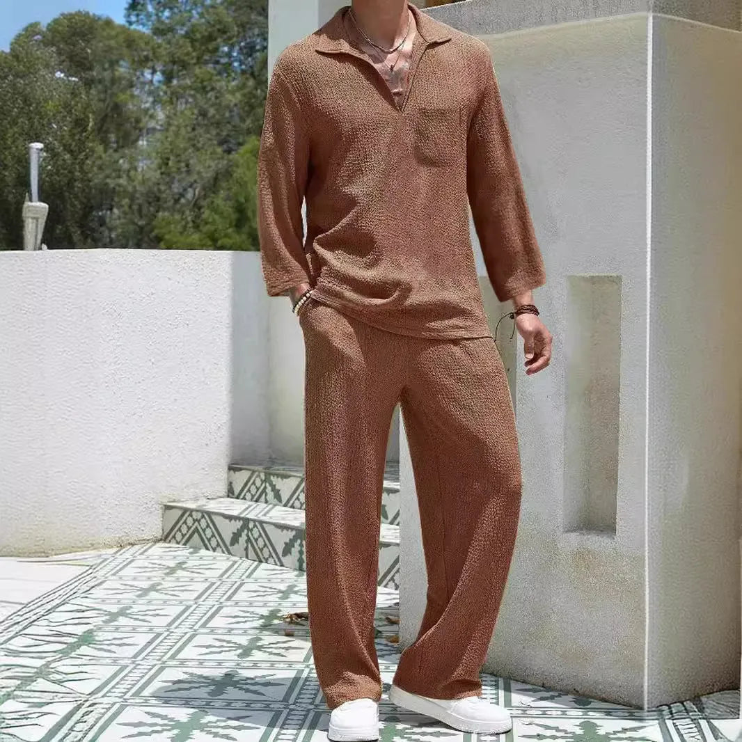 Men's casual polyester suit set with shirt jacket and trousers in four colour options