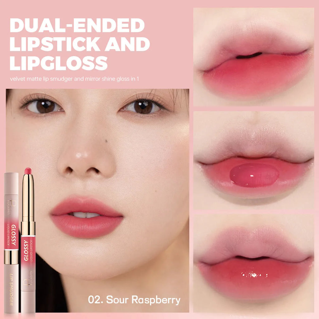 Double-headed matte lipstick showing two complementary colours on opposite ends