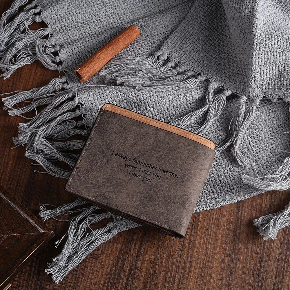 Coffee colour engraved horizontal short wallet showing seven card slots and custom text personalisation option