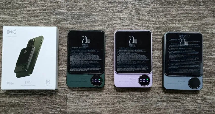 MagSafe magnetic wireless power bank attached to iPhone 14 Pro showing Cangling green colour option