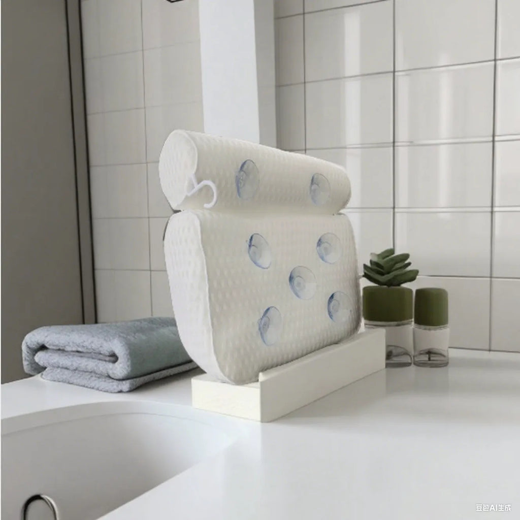 White 4D mesh bathtub pillow with suction cups on a bathtub edge.
