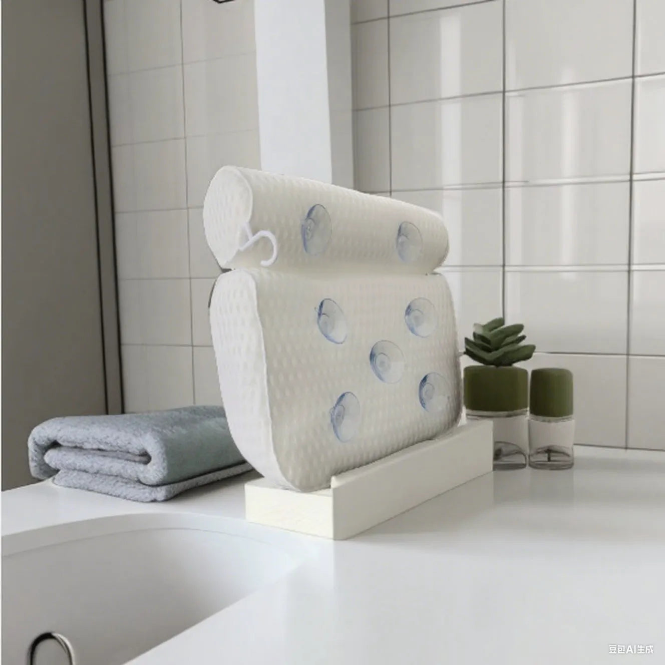 White 4D mesh bathtub pillow with suction cups on a bathtub edge.