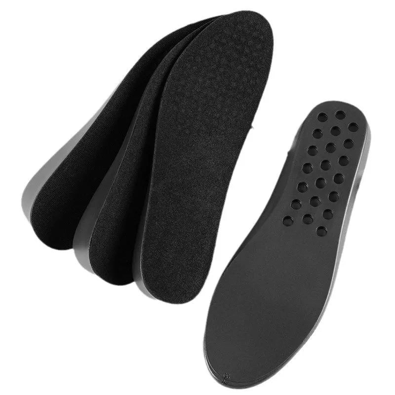 Invisible black PVC height increasing insole for men with 4cm lift, placed inside a shoe