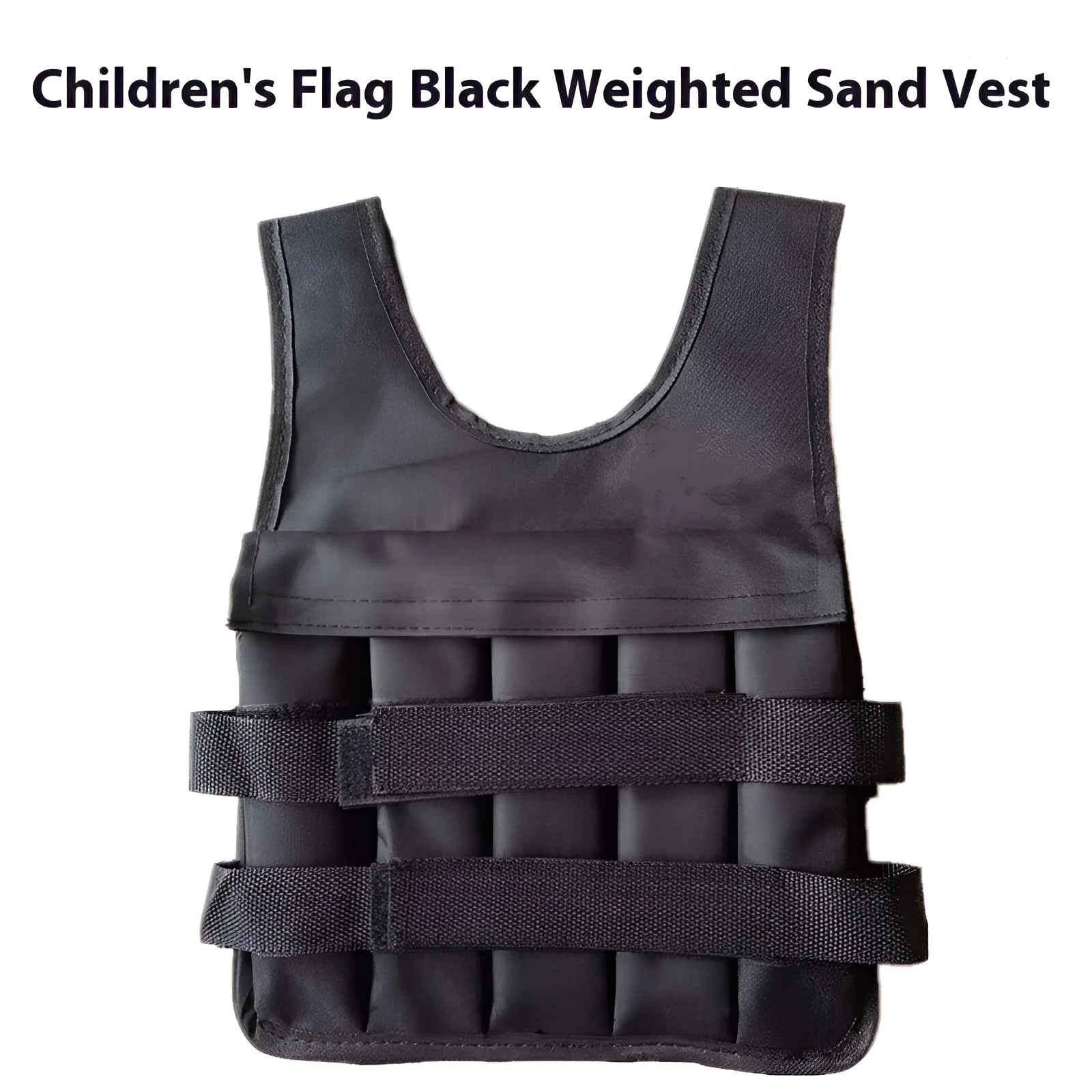 Children's adjustable weighted sand vest in soft voile fabric shown on a mannequin, sized for heights 80cm to 160cm.