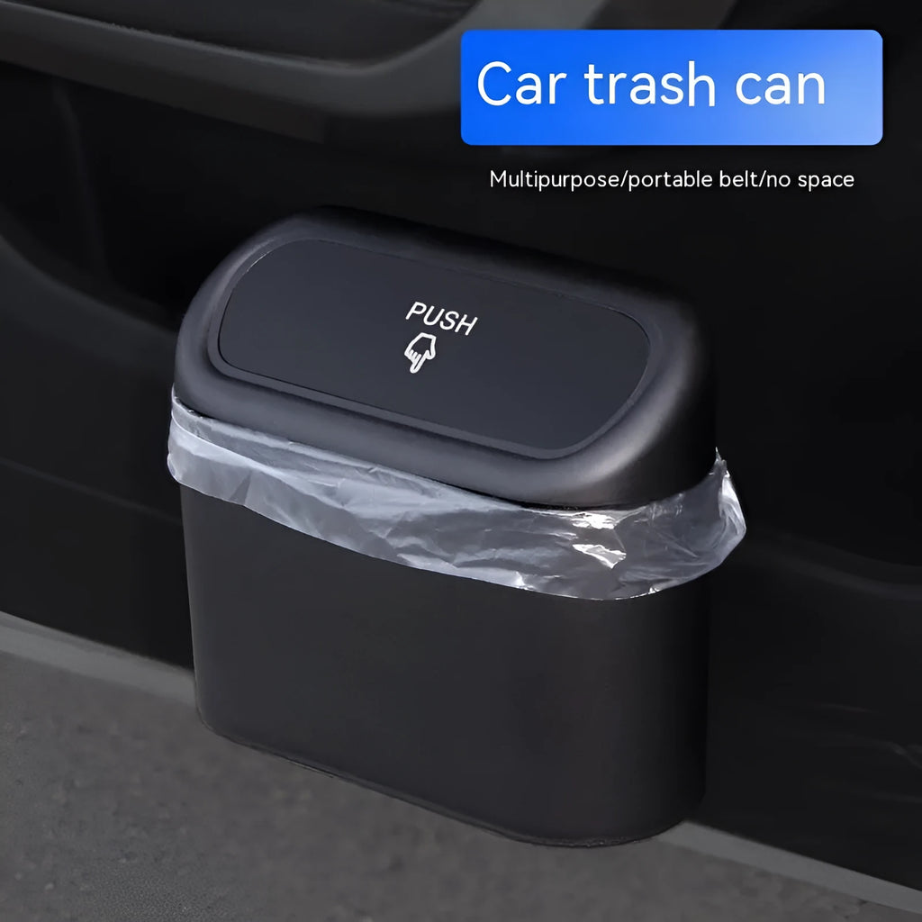 Black folding car trash can with seat mounting bracket and waterproof plastic construction