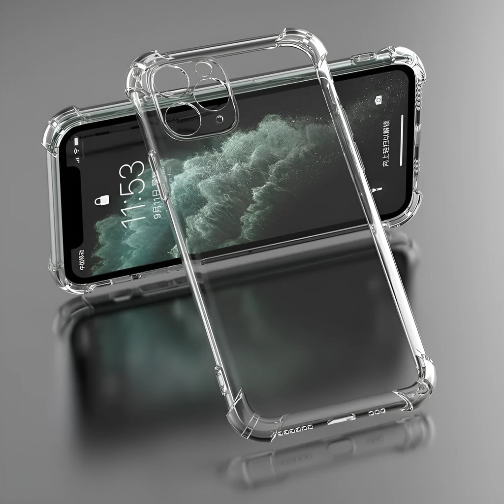 Clear transparent shockproof TPU case for Apple iPhone on a white background.
