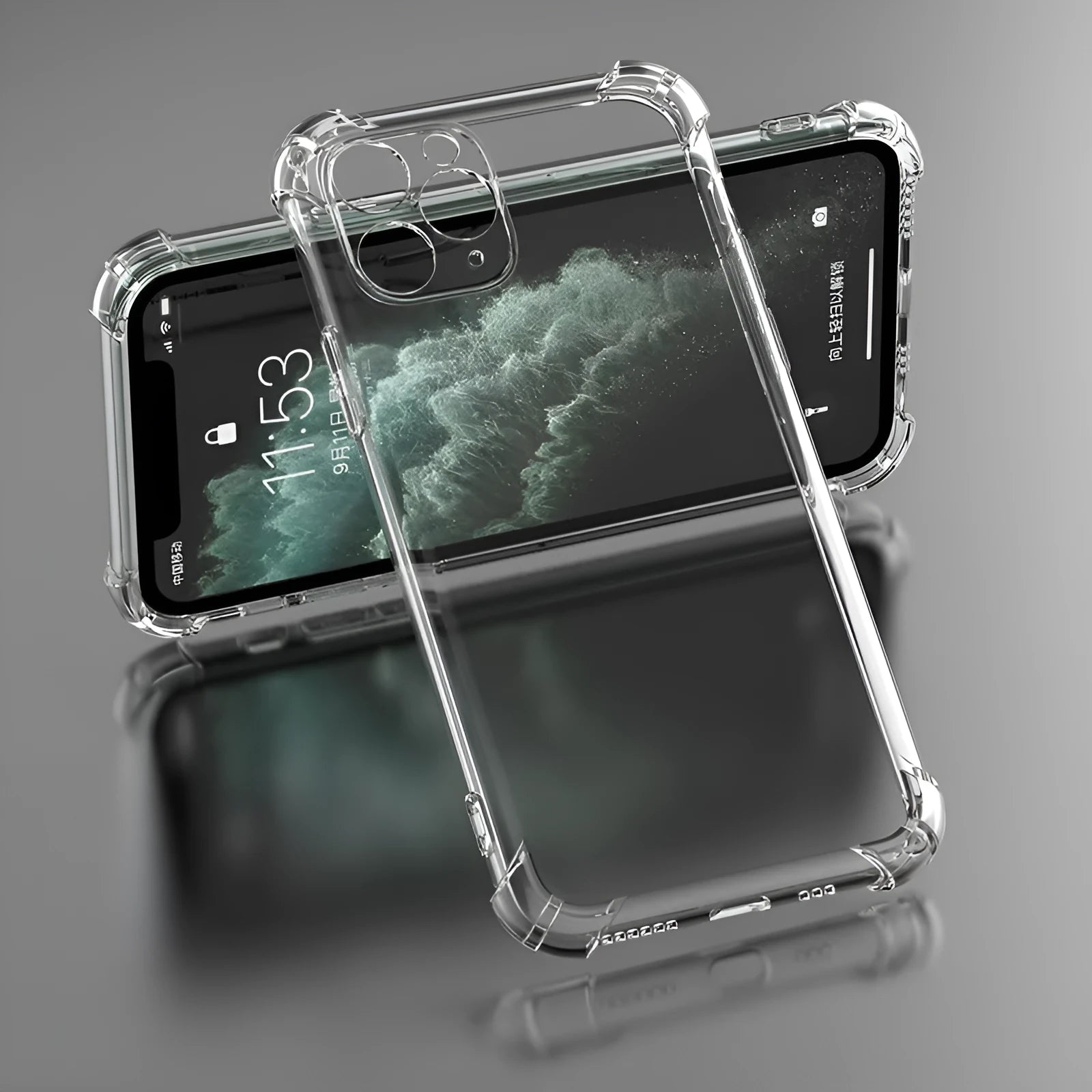 Clear transparent shockproof TPU case for Apple iPhone on a white background.