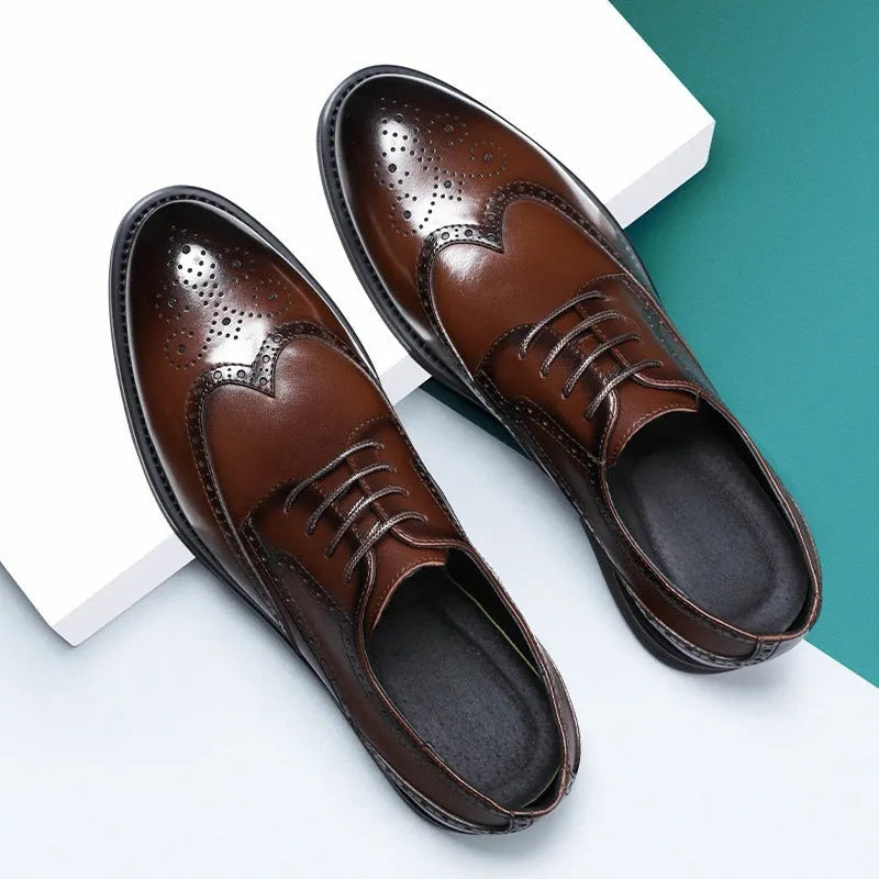 Men's black and brown brogue leather shoes with traditional perforated detailing for business wear