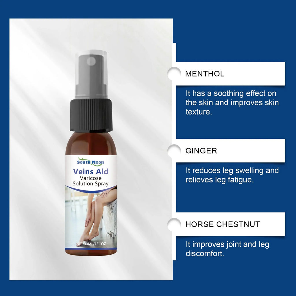 30 ml bottle of leg care spray with menthol, ginger and horse chestnut for daily massage.