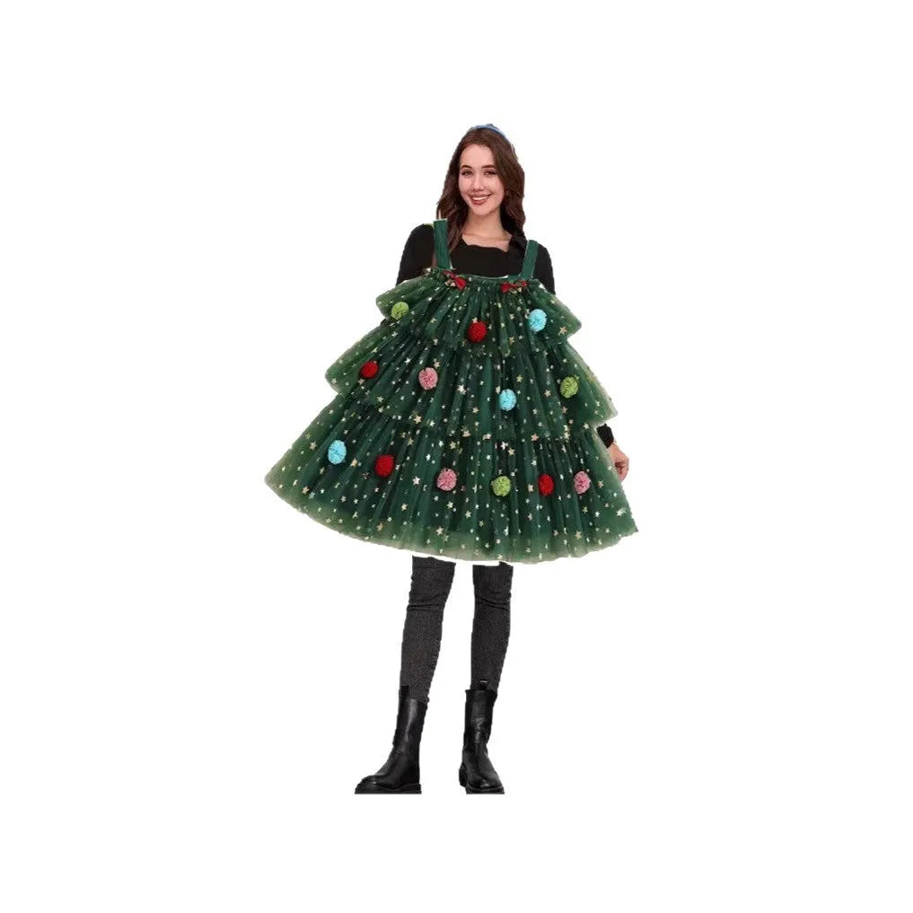 Green polka dot Christmas tree pattern suspender dress with tiered skirt