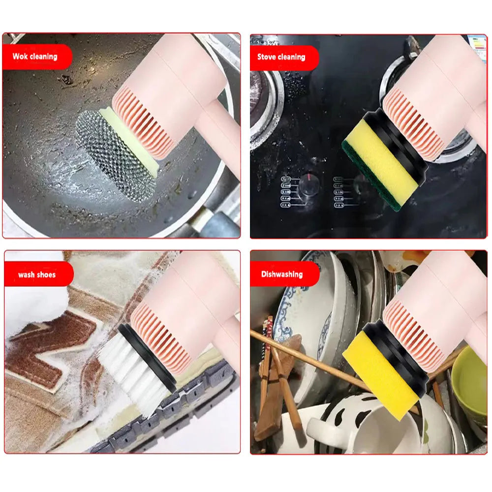 Green rechargeable electric cleaning brush with three interchangeable scrub heads on a kitchen counter.