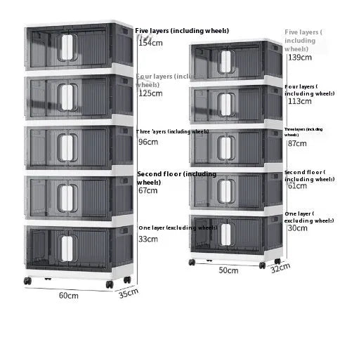 A white foldable storage locker with wheels and multiple shelves, shown in a home setting.