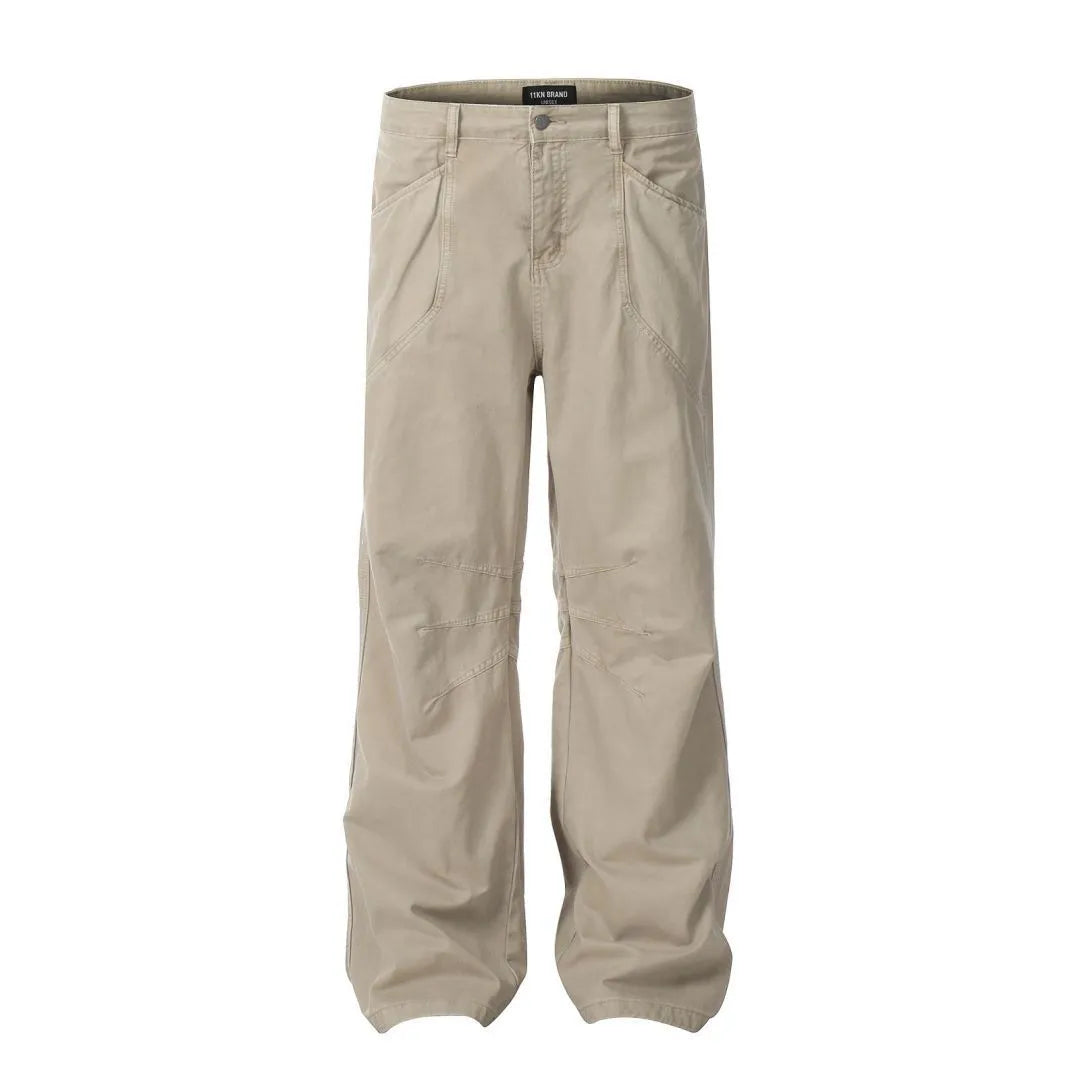 Men's brown loose straight-leg trousers with high waist and zipper fly