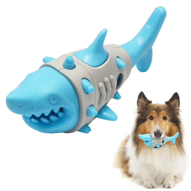 Blue shark-tooth textured dog chew toy with bite-resistant rubber construction and squeaker