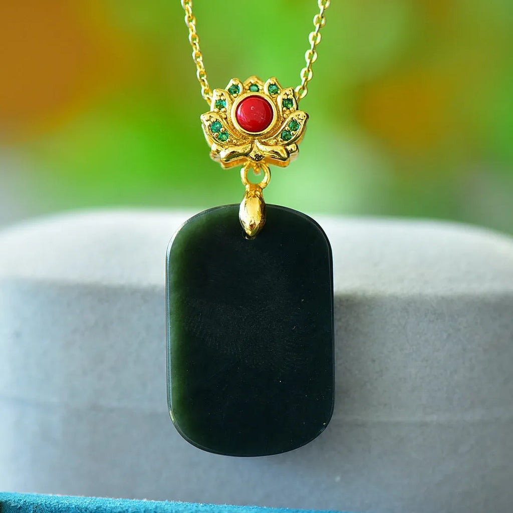 Natural Hetian gray jade pendant with copper inlay detailing on minimalist necklace