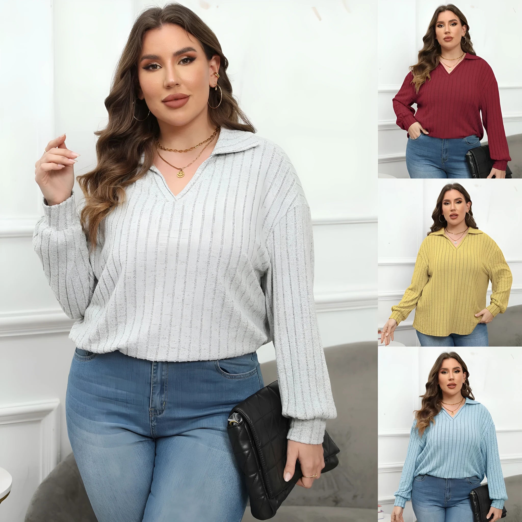 Women's plus size grey polo collar fleece shirt with lantern sleeves on a hanger.