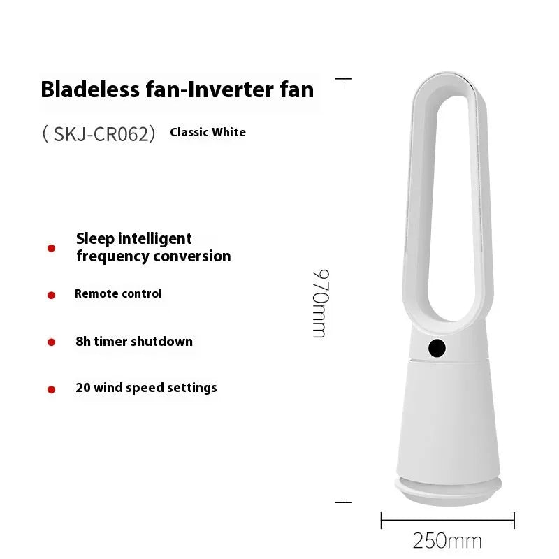 SK white bladeless tower fan with touch screen controls and remote for floor or desk placement