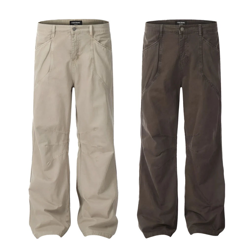 Men's brown loose straight-leg trousers with high waist and zipper fly