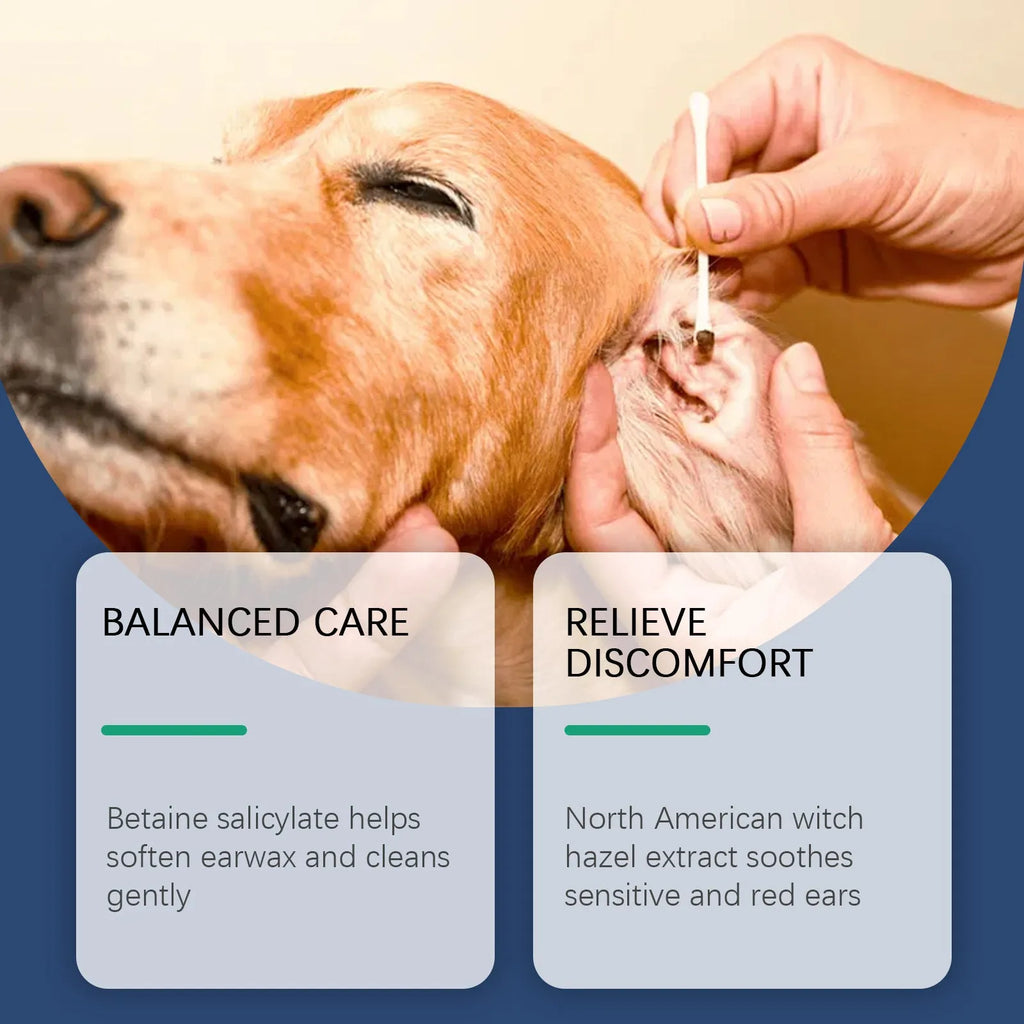 100ml bottle of ear cleaner for dogs and cats on a plain background.