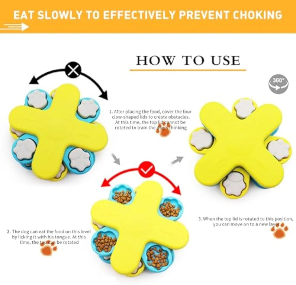 Yellow three-layer rotating dog puzzle feeder with anti-slip base for interactive feeding