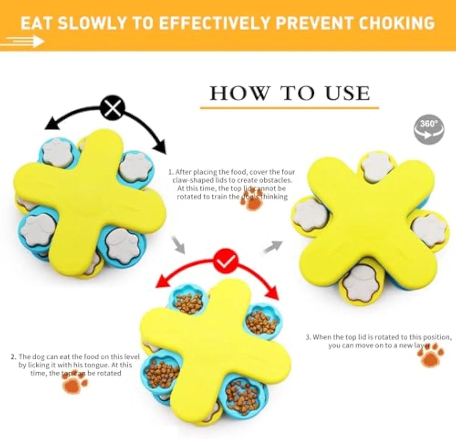 Yellow three-layer rotating dog puzzle feeder with anti-slip base for interactive feeding