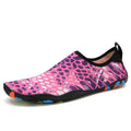 A pair of blue quick-dry beach wading shoes with Lycra uppers and EVA midsoles for water sports.