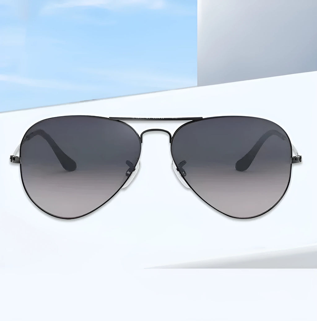 Tempered glass sunglasses with UV protection in gold, silver, and black frame options.